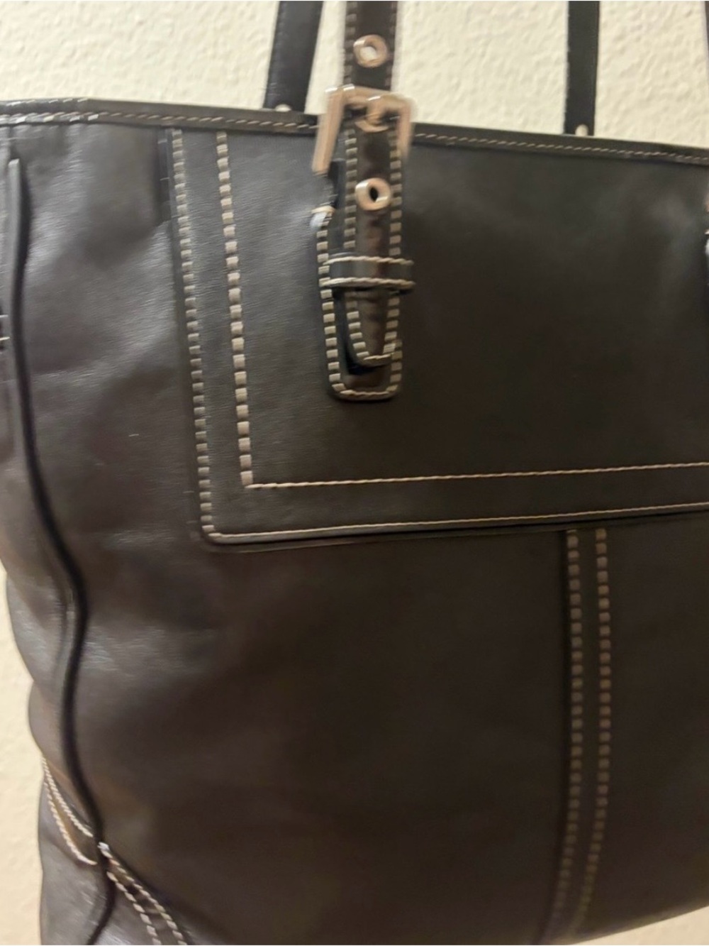 Coach Black Leather Tote with Contrast Stitching - Picture 6 of 11